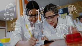 Animation of school items icons over diverse schoolchildren learning with teacher in lab. Education, technology and digital interface concept digitally generated video. - Powered by Shutterstock - Get 15% off with code: PIKWIZARD15