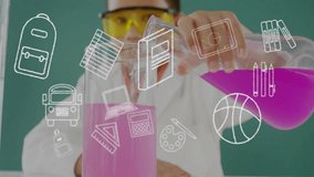 Animation of school items icons over caucasian schoolboy doing experiment in lab. Education, technology and digital interface concept digitally generated video. - Powered by Shutterstock - Get 15% off with code: PIKWIZARD15