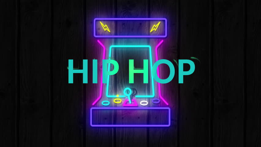 Animation of hip hop text over neon arcade. Retro, party, technology and digital interface concept digitally generated video. - Powered by Shutterstock - Get 15% off with code: PIKWIZARD15