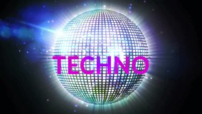 Animation of techno text over spots and disco ball moving. Retro, party, technology and digital interface concept digitally generated video. - Powered by Shutterstock - Get 15% off with code: PIKWIZARD15