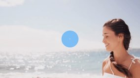 Animation of networks of connections with device icons over happy caucasian woman on beach in summer. Global vacation, connections, computing and data processing concept digitally generated video. - Powered by Shutterstock - Get 15% off with code: PIKWIZARD15