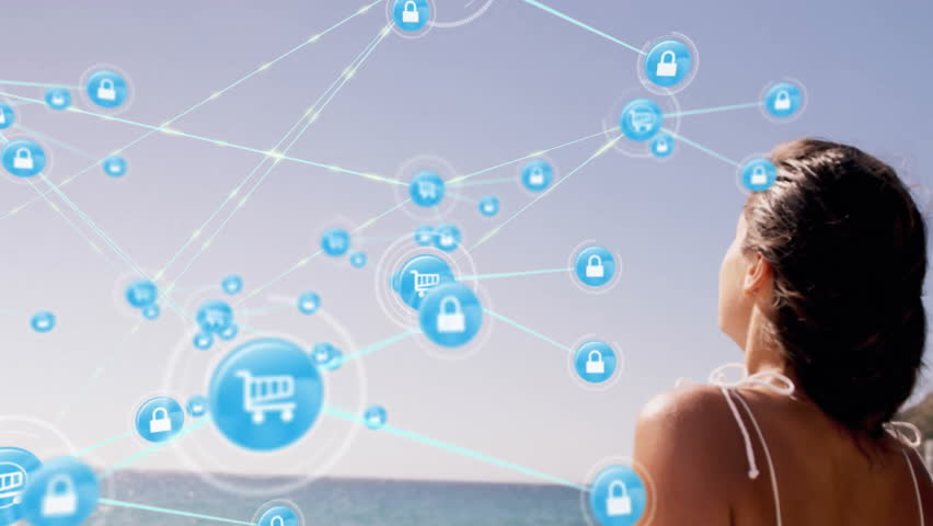 Animation of networks of connections with device icons over caucasian woman smiling on beach. Global vacation, connections, computing and data processing concept digitally generated video. - Powered by Shutterstock - Get 15% off with code: PIKWIZARD15