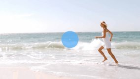 Animation of networks of connections with icons over caucasian woman running on beach. Global vacation, connections, computing and data processing concept digitally generated video. - Powered by Shutterstock - Get 15% off with code: PIKWIZARD15