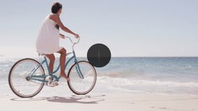 Animation of networks of connections with heart icons over caucasian woman cycling on beach. Global vacation, connections, computing and data processing concept digitally generated video. - Powered by Shutterstock - Get 15% off with code: PIKWIZARD15