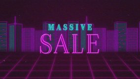 Animation of massive sale text over purple cityscape. Technology, social media and digital interface concept digitally generated video. - Powered by Shutterstock - Get 15% off with code: PIKWIZARD15