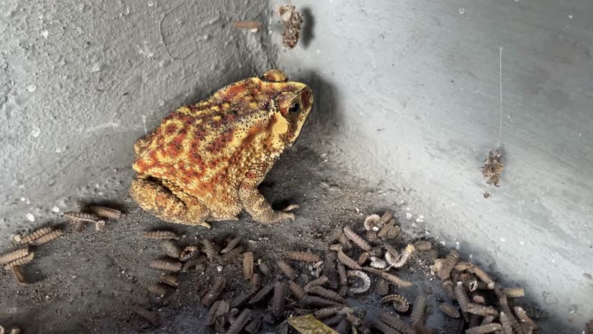 Giant forest bullfrogs nesting in maggot larvae seedling and brood tanks. Wild frogs eat maggots in the maggot farm enclosure.