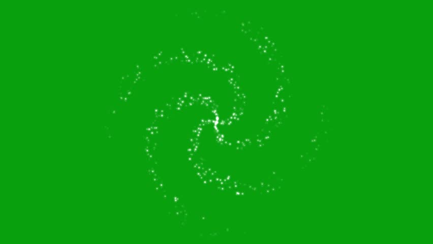 A 3d rendered animation of white dots coming out of the spiral with green screen in the background
