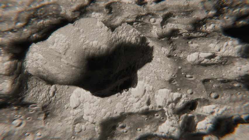 Realistic render of the surface of the moon, a crater in the middle camera slowly moves down