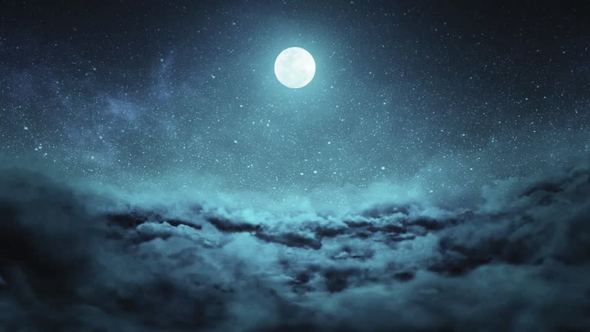 The video depicts a serene night scene with a full moon illuminating a sea of clouds, creating a tranquil and dreamy atmosphere in a continuous loop.