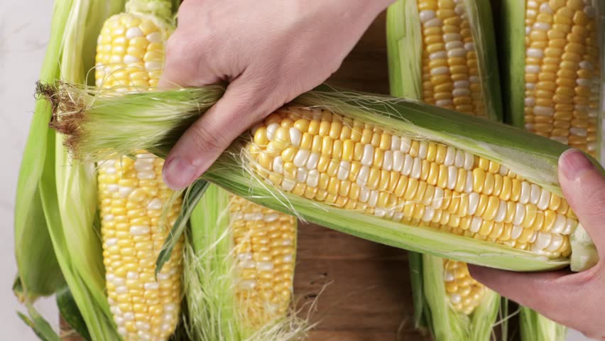 hands peel corn from husks top cob food