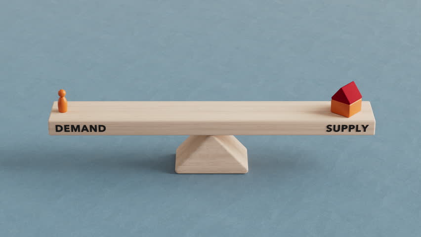 Animated illustration of the law of housing supply and demand and its relationship to price. Suitable for business education, determining prices and determining real estate target markets