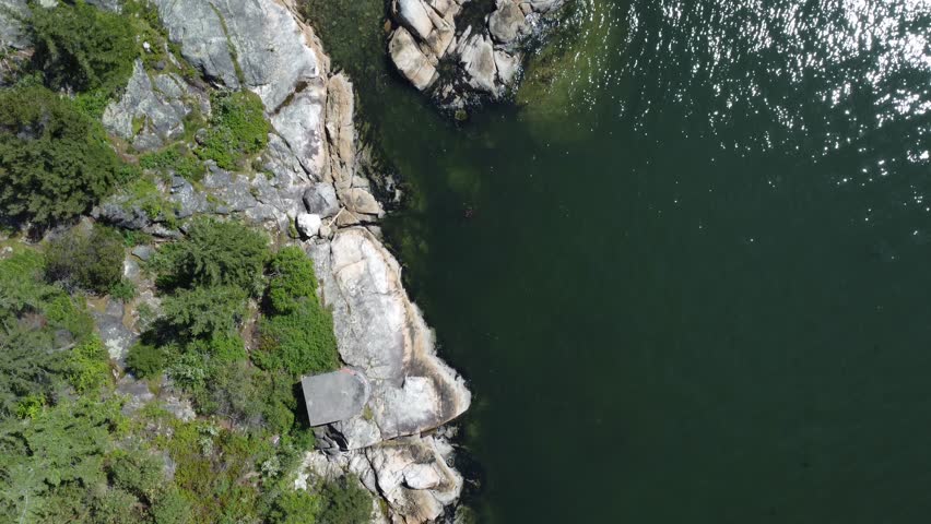An aesthetic aerial shot of a green rocky sea shore and deep blue water in lighthouse Park, Vancouver, British Columbia, Canada