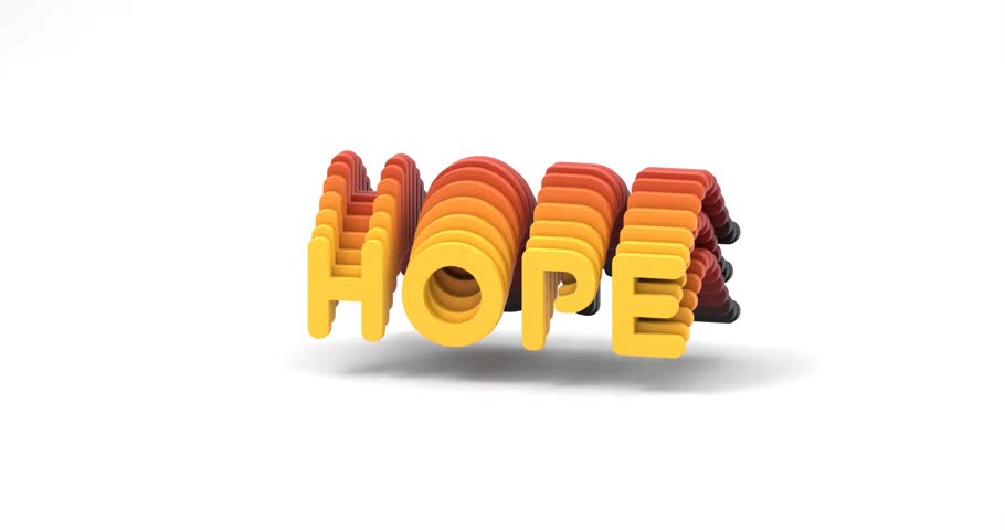 A 3D rendered animation of the orange word "HOPE" waving on the empty white background