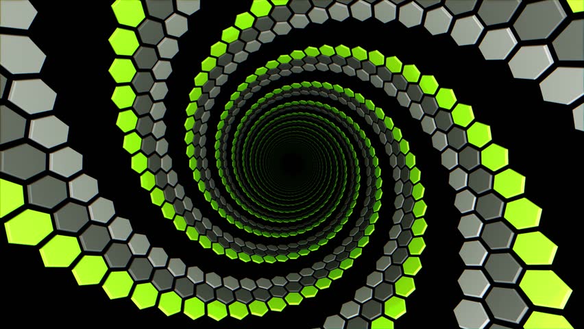 A looping animation of a trippy endless spiral tunnel with colorful hexagonal shapes