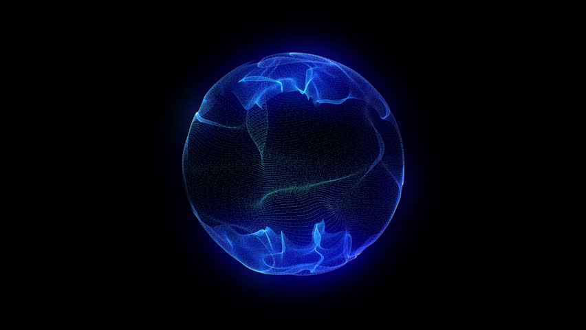 Blue Energy Ball of Particles and Waves on Black Background. Magic Glowing Sphere. Cerulean Energy Vortex. Electric Plasma. Artificial Intelligence Representation