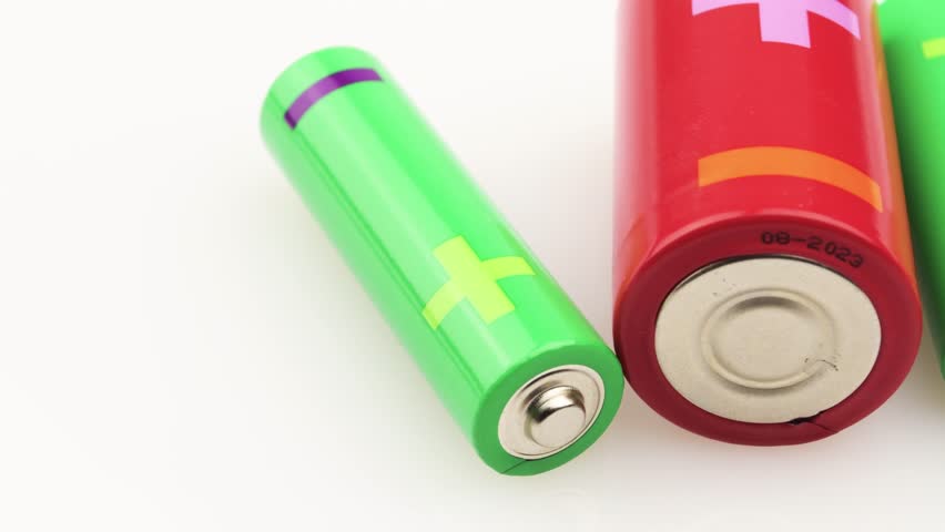 A closeup video of batteries in different sizes and colors on a white background