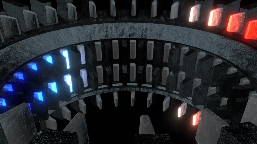 A 3d abstract animation of "Dark Rays" VJ Loop metallic Gear background with neon blue red light effect, for dynamic visual content