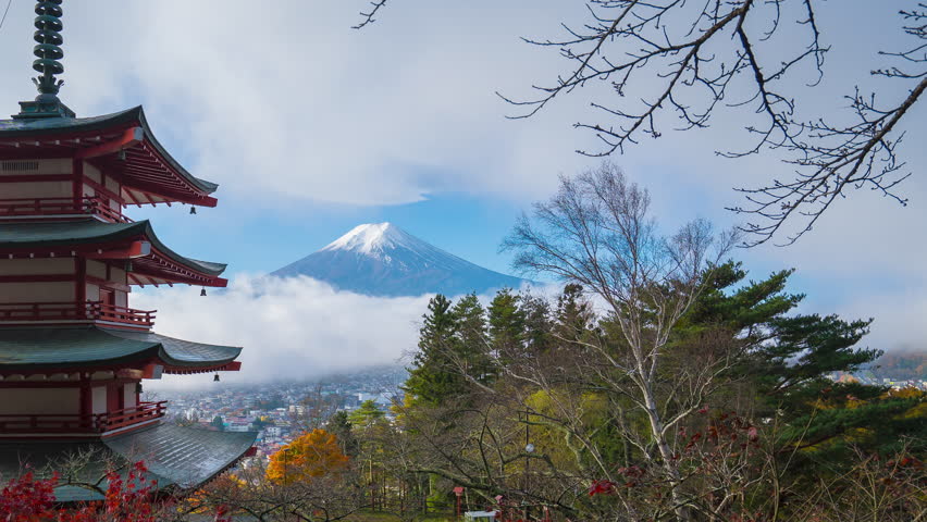 4K Time lapse of Mount Fuji with Chureito Pagoda at sunrise in autumn, Fujiyoshida, Japan on morning. Fuji with Chureito at Fujiyoshida city.