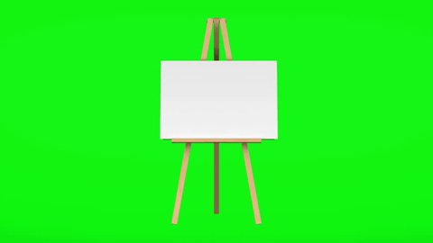wooden easel with blank canvas loop rotate on green chromakey background
