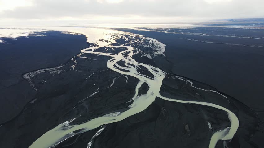 An aerial view of Braided streams of the Rakaia River in New Zealand