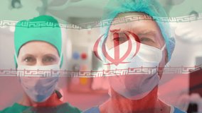 Animation of flag of iran over diverse surgeons. Global medicine, healthcare, connections, computing and data processing concept digitally generated video. - Powered by Shutterstock - Get 15% off with code: PIKWIZARD15