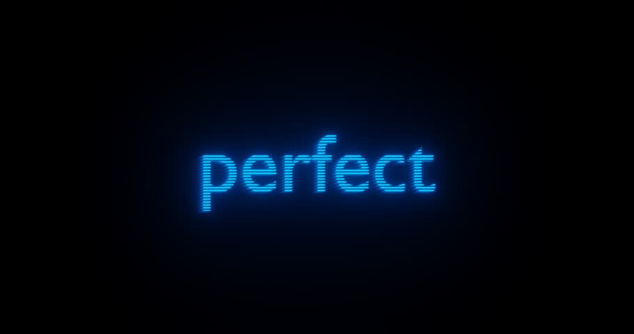 An abstract 3D illustration of the word "perfect" glowing with blue neon lights on a black background
