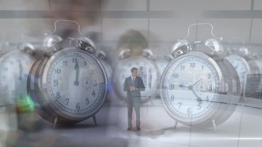 Animation of ticking alarm clocks over businesspeople in fast motion. Global finance, business, connections, cloud computing and data processing concept digitally generated video. - Powered by Shutterstock - Get 15% off with code: PIKWIZARD15
