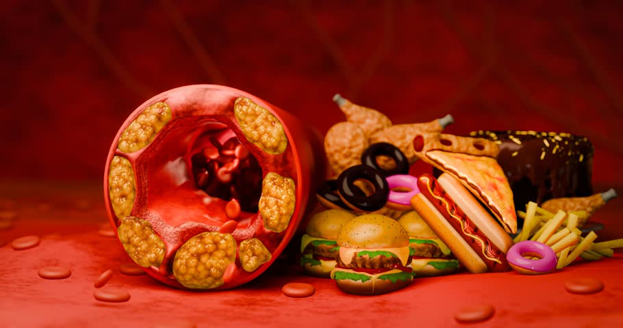 Artery clogged by unhealthy junk food, sugary drinks, and alcohol, illustrating serious cardiovascular risks, atherosclerosis, and heart disease problems in human blood vessels. 3D rendering.
