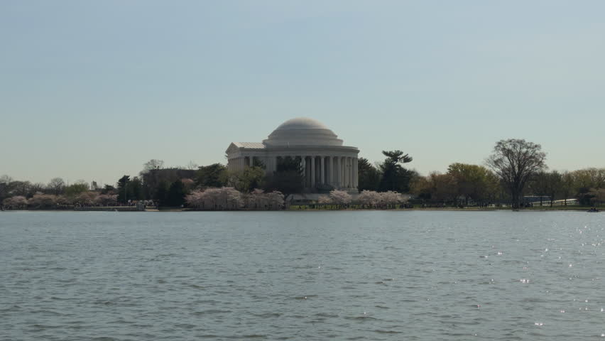 The Thomas Jefferson Memorial, as seen from West Potomac Park across the Tidal Basin and among the Japanese flowering cherry trees in Washington, D.C, USA.