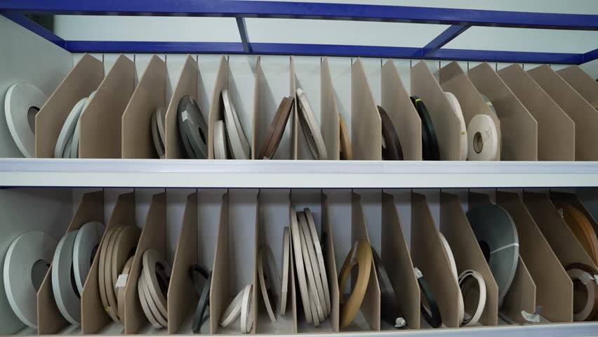 Edge bands are used to glue chipboard after cutting. The equipment is installed at a small furniture production facility. Edge bands are used to glue chipboard after cutting. Furniture production