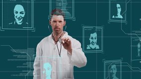 Animation of data processing with people portraits over caucasian male doctor using stethoscope. Global medicine, science, computing and digital interface concept digitally generated video. - Powered by Shutterstock - Get 15% off with code: PIKWIZARD15