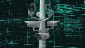 Animation of network of connections and data processing over security cameras on black background. Global technology, connections, computing and digital interface concept digitally generated video. - Powered by Shutterstock - Get 15% off with code: PIKWIZARD15