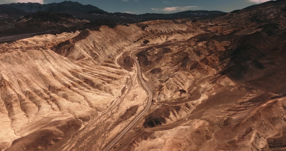 Drone view of rocky sandstone hills in Death Valley national park in Mojave desert, usa