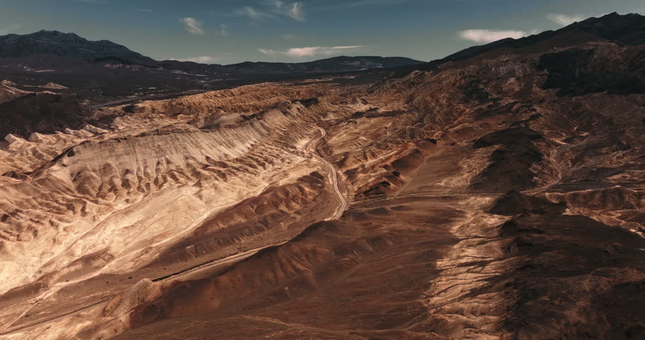 Drone view of rocky sandstone hills in Death Valley national park in Mojave desert, usa