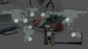 Animation of world map with network of connections over caucasian male doctor in hospital. Global medicine, healthcare, connections and digital interface concept digitally generated video. - Powered by Shutterstock - Get 15% off with code: PIKWIZARD15