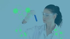 Animation of scientific data processing over caucasian female scientist in laboratory. Global science, connections, computing and data processing concept digitally generated video. - Powered by Shutterstock - Get 15% off with code: PIKWIZARD15