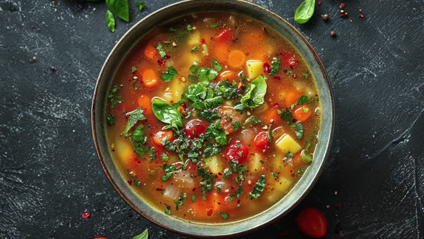 Delicious Homemade Vegetable Soup With Fresh Herbs and Tomatoes