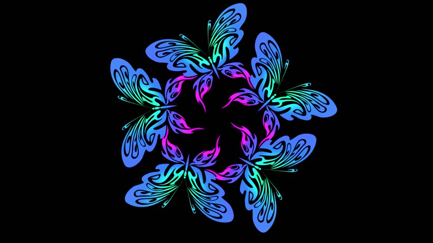 A 3d rendered animation of abstract hypnotic geometric patterns on black background