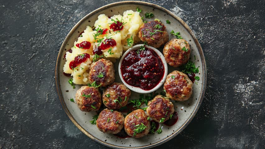 Delicious Swedish Meatballs with Mashed Potatoes and Cranberry Sauce