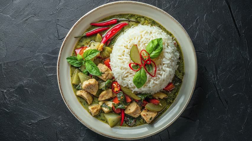 Delicious Thai Green Curry Chicken With Rice and Fresh Vegetables