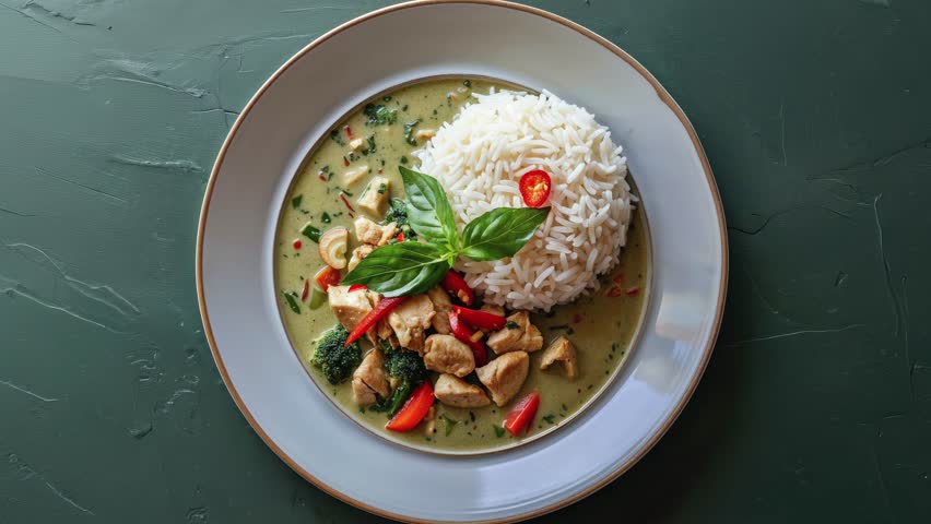 Delicious Thai Green Curry with Rice Garnished with Basil