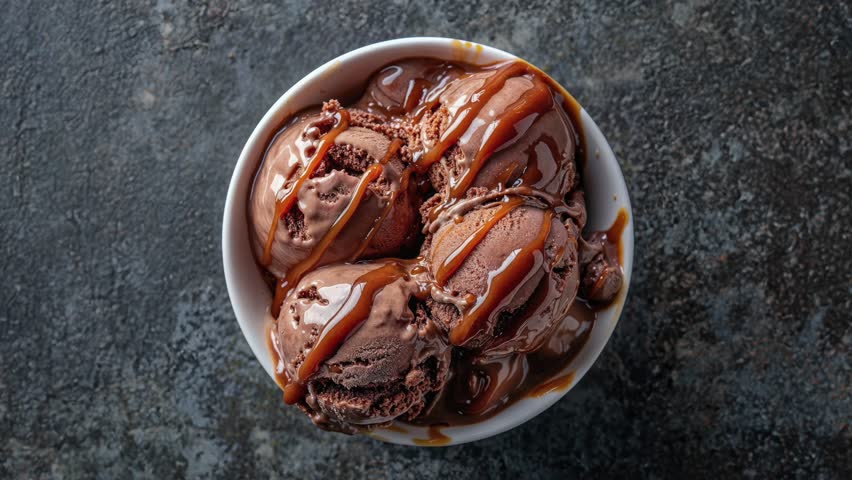 Chocolate Ice Cream with Caramel Sauce in a Bowl