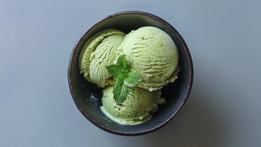 Delicious Matcha Ice Cream in Black Bowl with Mint Garnish