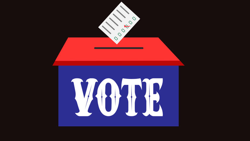 A 3D rendered animation of voting papers being put into the voting box on the empty black background