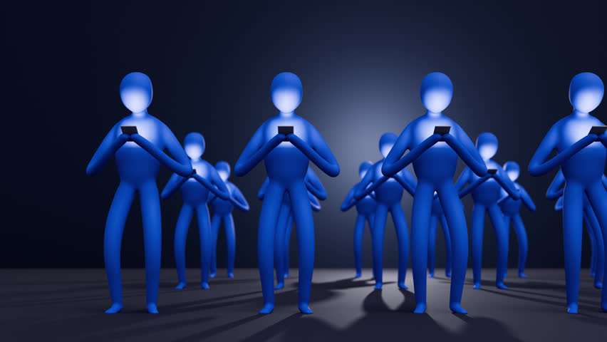 Group of people with cell phones in their hands. 3d animation. Digital addiction, social network dependency concept. constantly scrolling social media, surfing internet in smartphones, doomscrolling