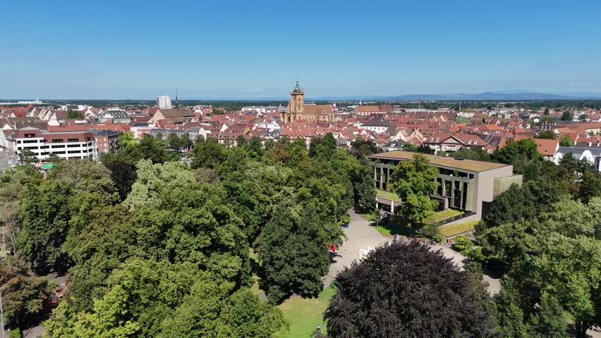 Aerial rising shot of Parc du Champ de Mars in Colmar, Alsace