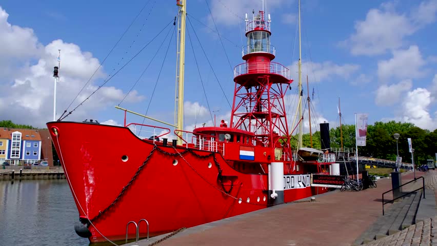 Lightship 12 "Noord Hinder", moored in the fortified harbor of Hellevoetsluis, South Holland, Netherlands.