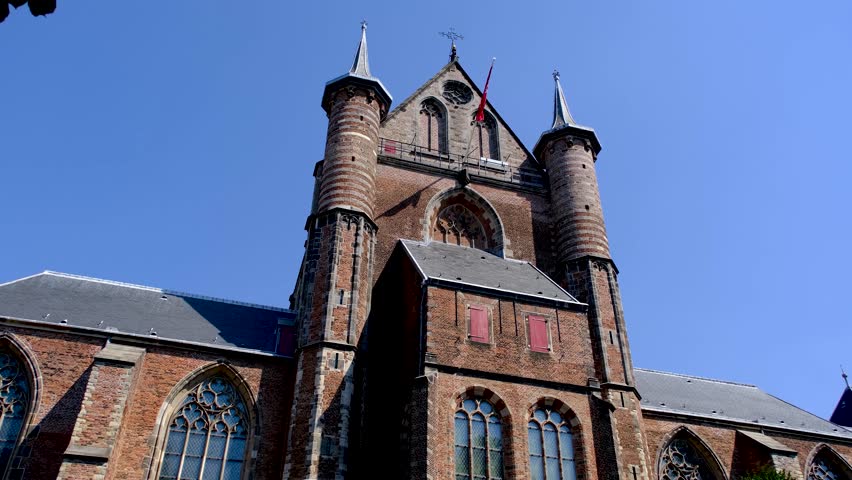 Low angle view of Peter’s Church, in the historical city centre of Leiden, Netherlands.