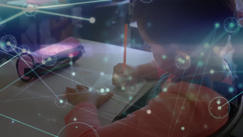 Animation of network of connections over diverse schoolchildren writing. Technology, education and digital interface concept digitally generated video. - Powered by Shutterstock - Get 15% off with code: PIKWIZARD15