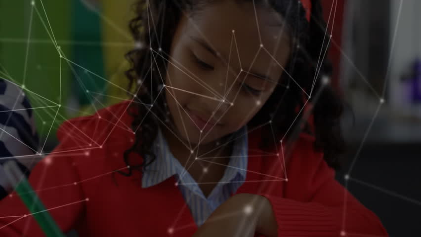 Animation of network of connections over diverse schoolchildren writing. Technology, education and digital interface concept digitally generated video. - Powered by Shutterstock - Get 15% off with code: PIKWIZARD15
